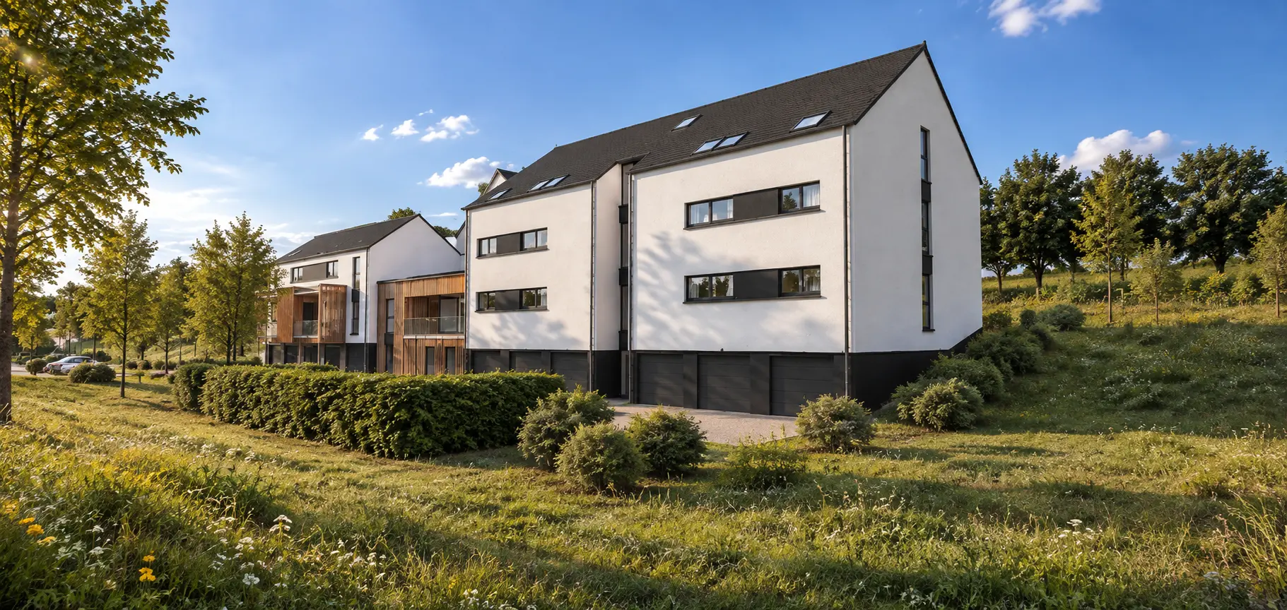 Vue latérale des logements avec garages, haies et prairie fleurie