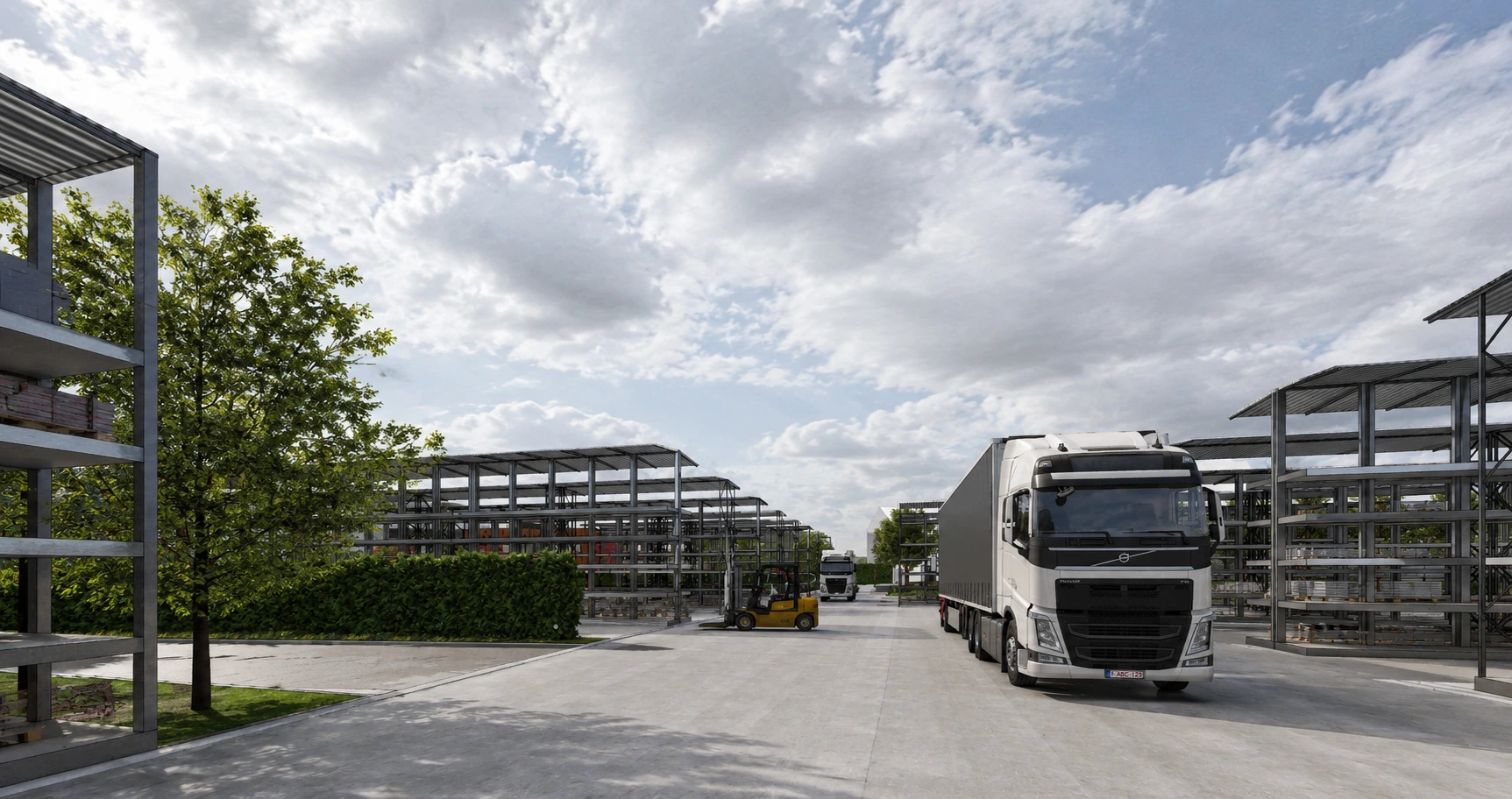 Vue depuis la cour de manœuvre sur les racks de stockage couverts et les camions