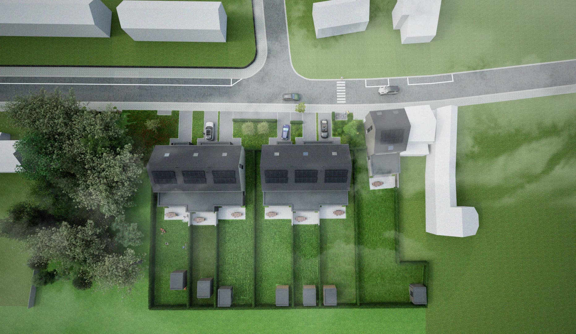 Vue aérienne zénithale de l'implantation des logements et de leurs jardins
