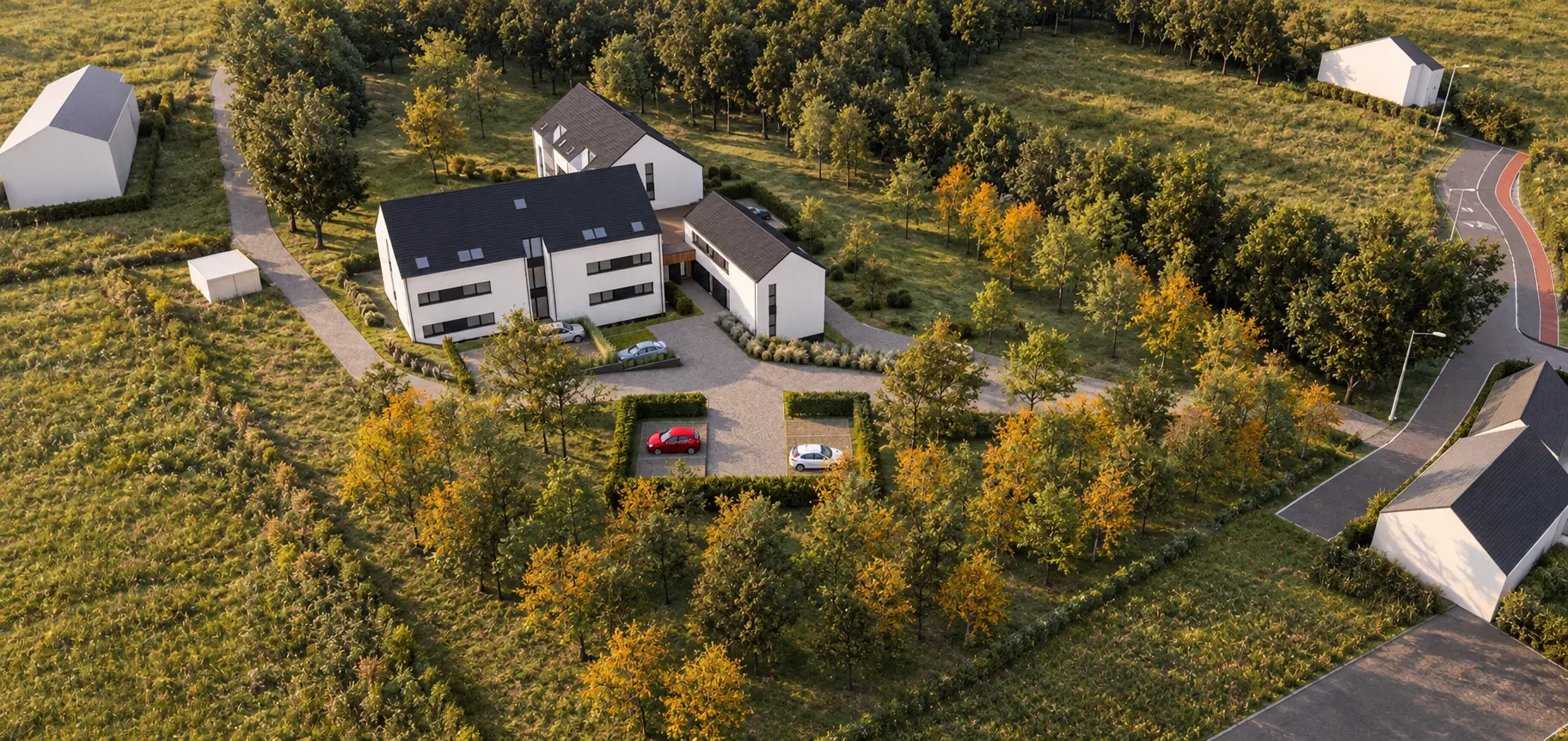 Vue aérienne de l'ensemble des logements groupés et de leurs accès paysagers