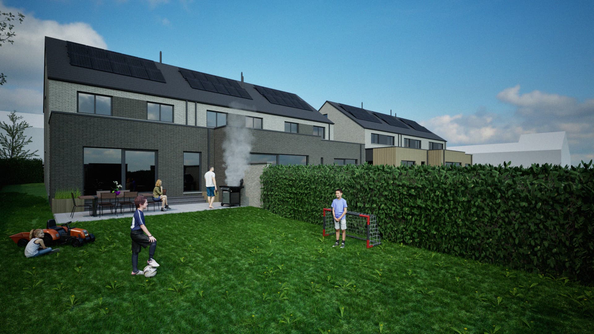 Vue des façades arrière avec terrasses, jardins et toitures solaires