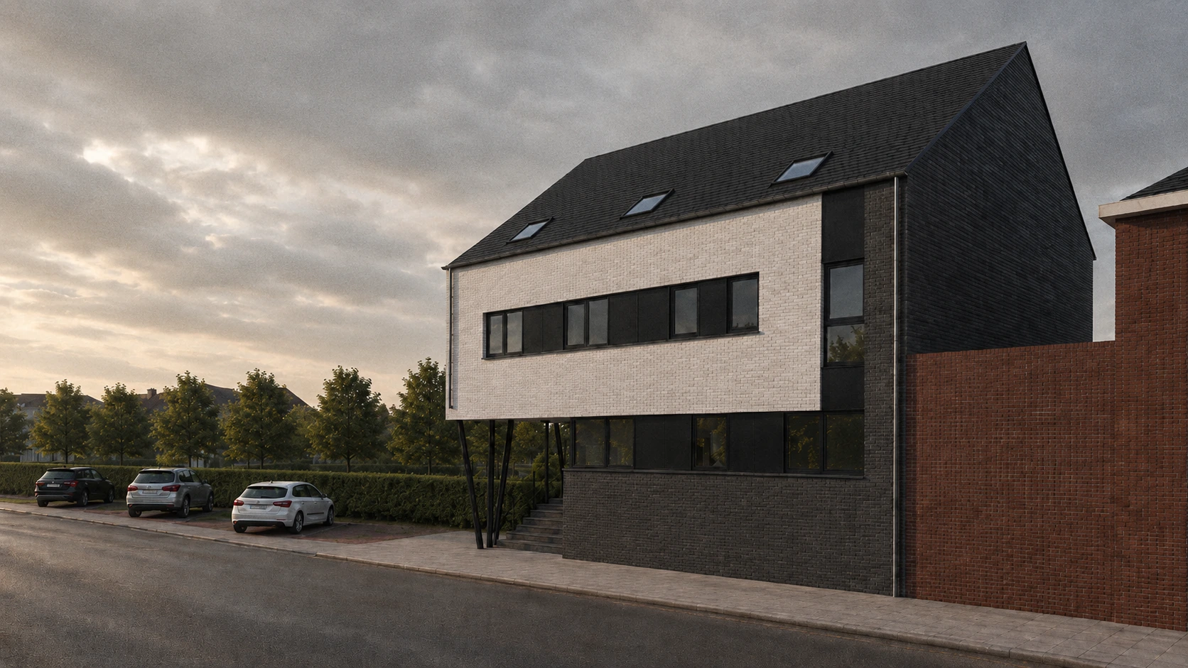 Bâtiment du CPAS de Manage, volume en briques claires en porte-à-faux sur socle en briques sombres