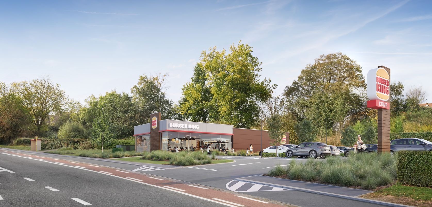 Vue depuis la route provinciale du restaurant Burger King de Tubize et de son totem d'enseigne