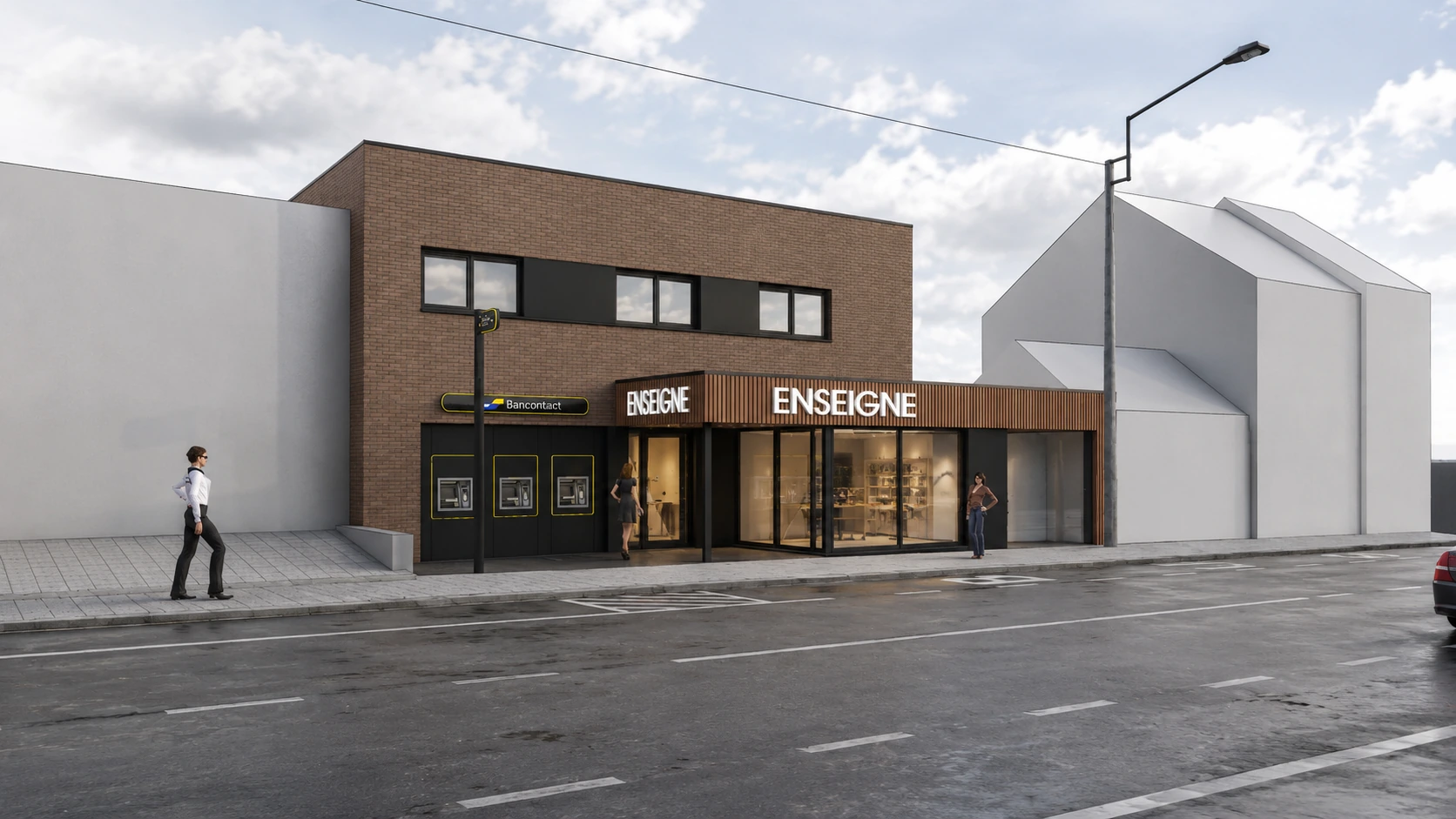 Façade commerciale en briques avec auvent en bois et larges vitrines, Marcinelle
