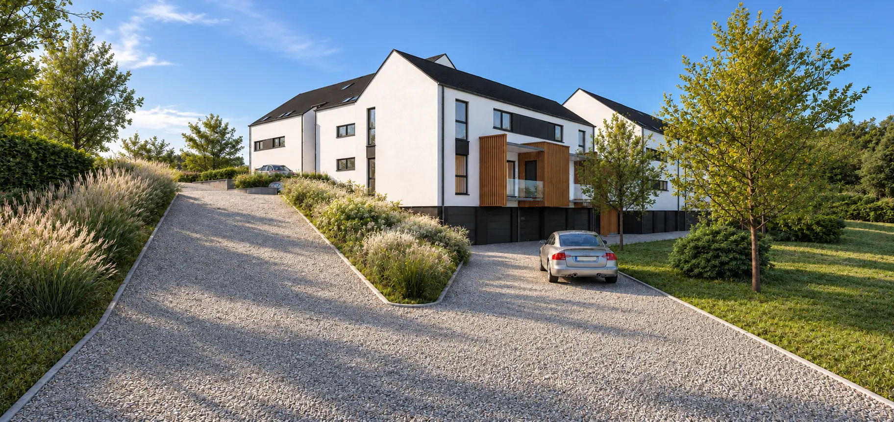 Façade blanche des logements avec bardage bois à l'entrée, vue depuis la voirie