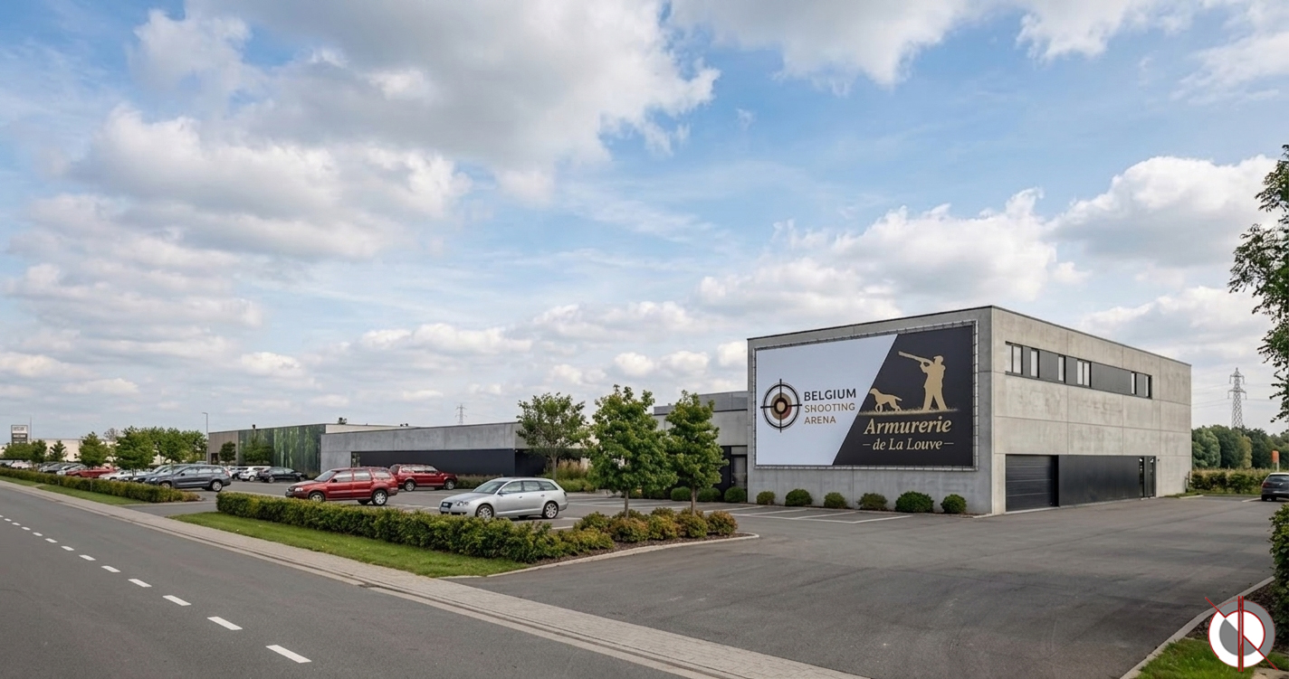 Volume bétonné avec grande enseigne Belgium Shooting Arena et Armurerie de La Louve