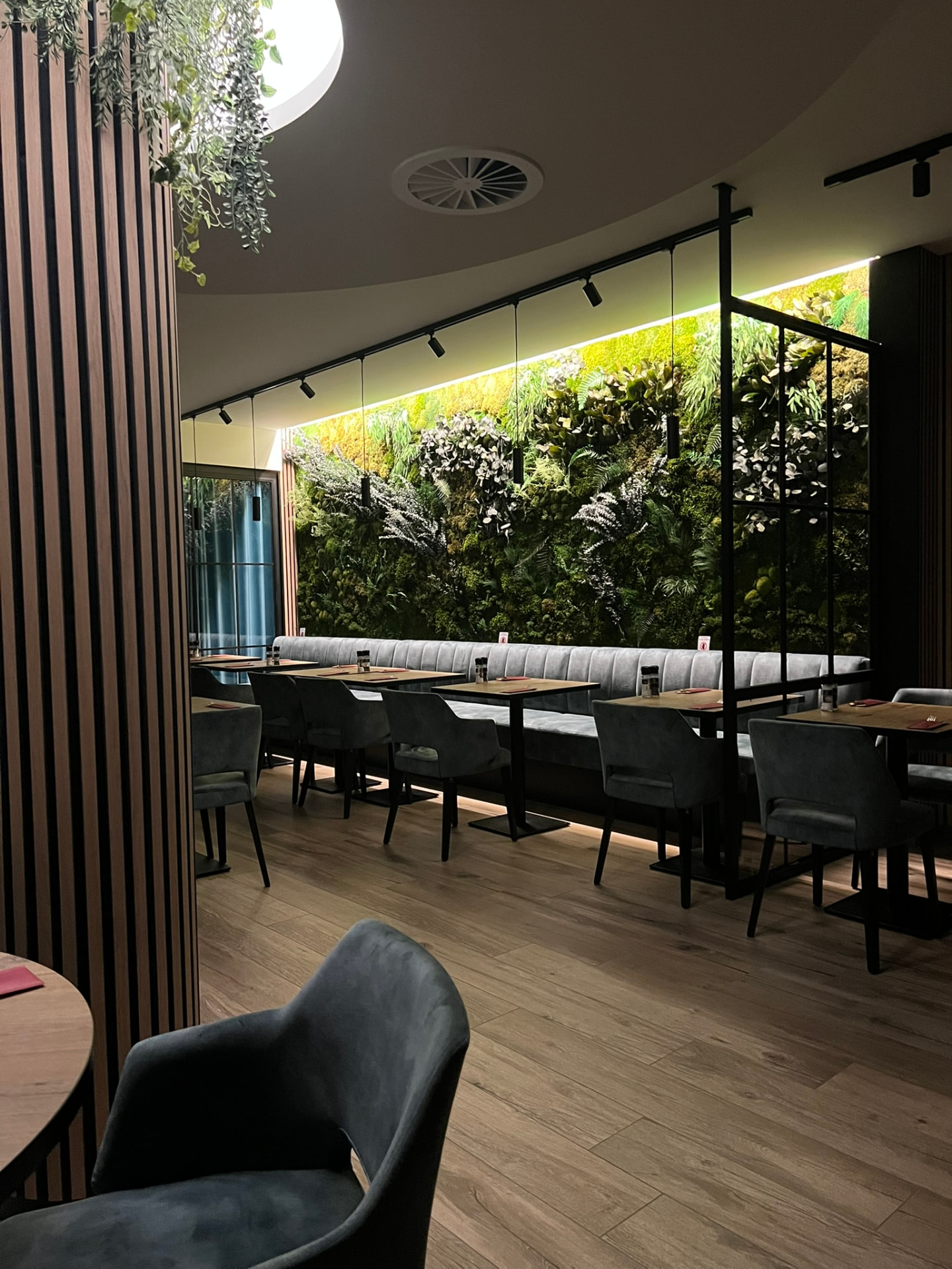 Salle de restaurant avec mur végétal rétroéclairé, banquette et claustras bois