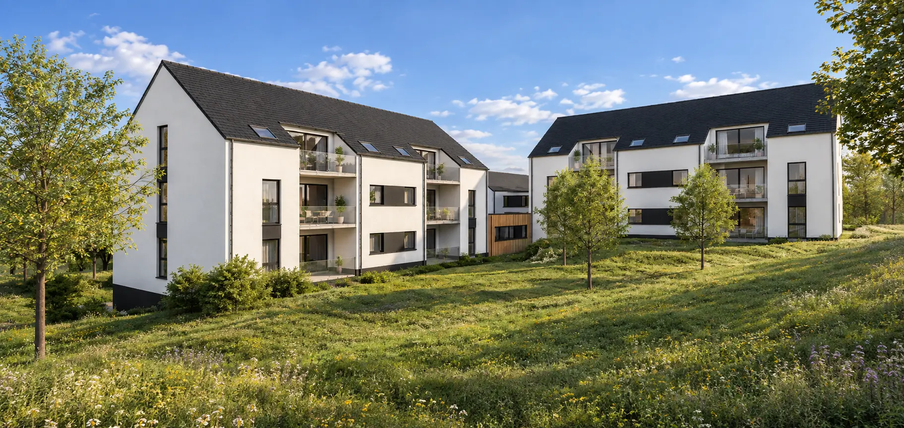 Façades jardins avec balcons vitrés et espaces plantés entre les volumes