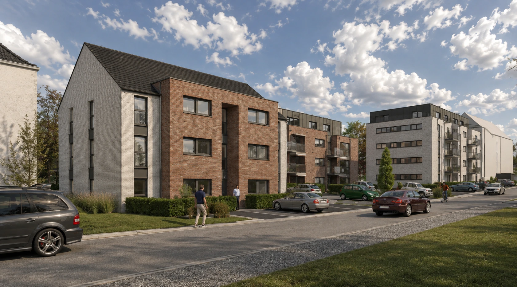 Ensemble de logements en briques rouges et claires vu depuis la rue
