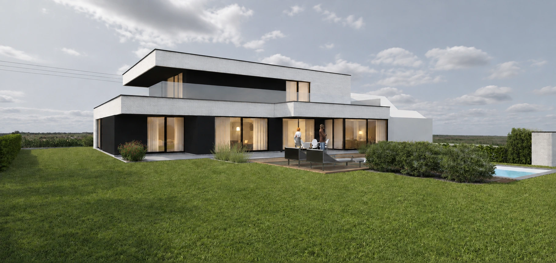 Habitation contemporaine à toitures plates, façade en briques claires et larges baies vitrées côté jardin