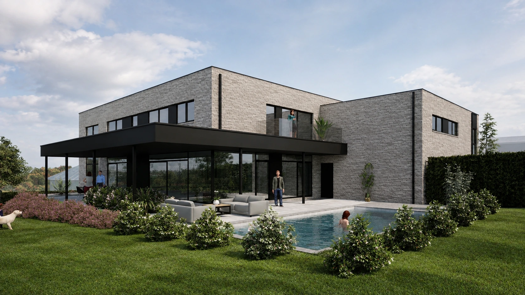 Façade arrière avec terrasse couverte, piscine et jardin