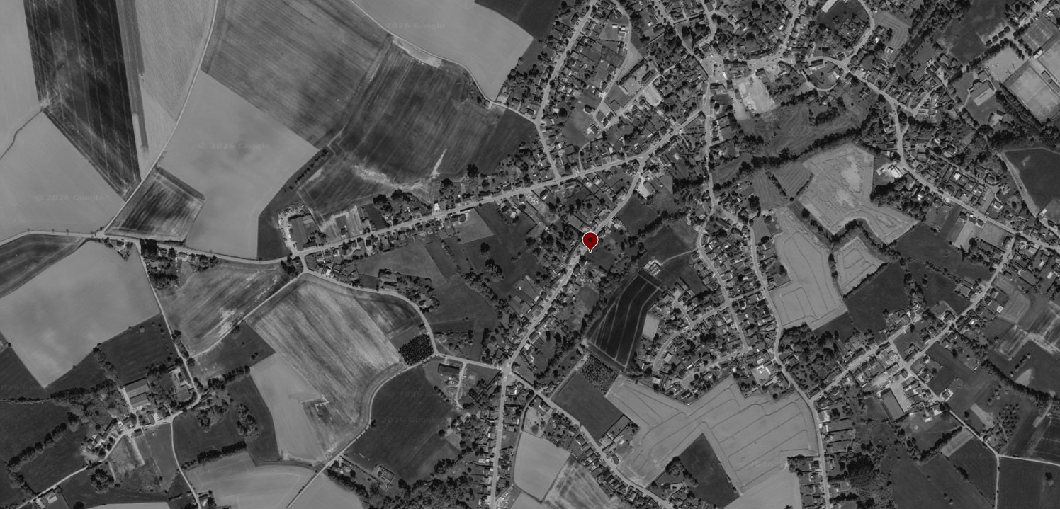 Vue aérienne en noir et blanc du site avec le repère rouge de l'implantation du projet